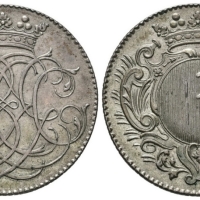 Rodová ražba Leopolda Kinského (1713 - 1760), 1/2 Tolar (Gulden) b.l., prodáno v r. 2019 za 48 000 Kč (zdroj livebid.cz)