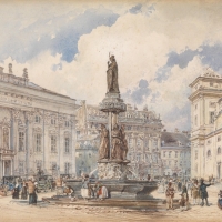 Harrachovský palác (vlevo) ve Vídni rozšiřoval v letech 1845 - 1859 a vytvořil zde výstavní prostory pro rodovou uměleckou sbírku (malíř Rudolf von Alt, 1847)