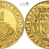 Mince Albrechta z Valdštejna - zlatý desetidukát z mincovny Jičín z roku 1631 se v r. 2022 vydražil za 10,5 milionu korun (zdroj artplus.cz)
